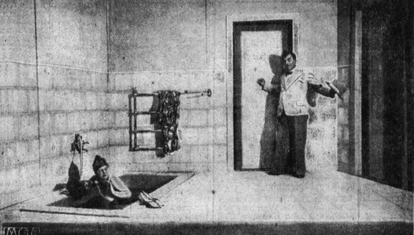 The infamous "bathroom scene" from the premiere of Paul Hindemith's opera Hin und Zurück at the Kroll Opera in Berlin, in 1929.